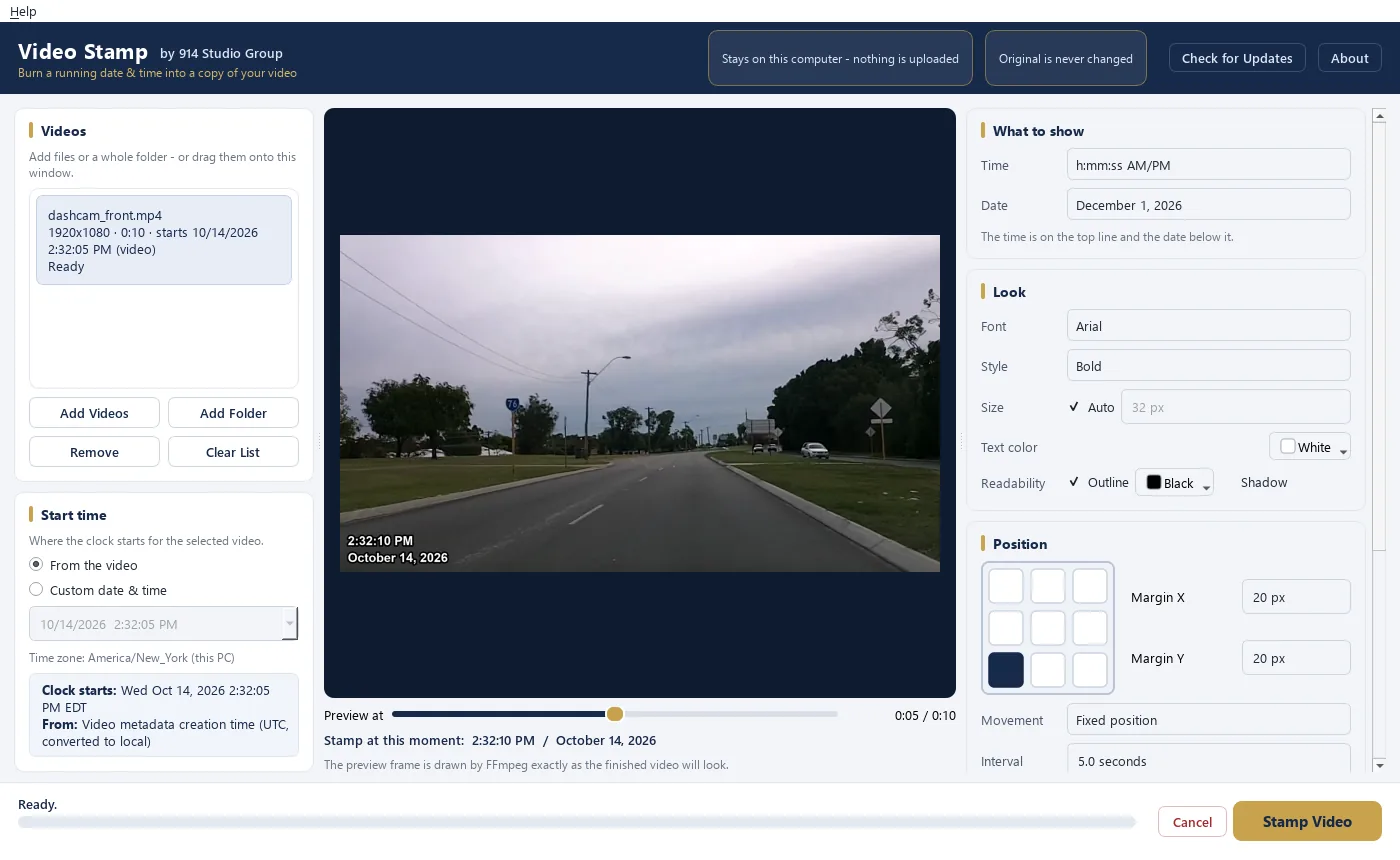 The Video Stamp window: a video list on the left, a live preview of the stamped frame in the middle, and stamp settings for date, time, text, font and position on the right
